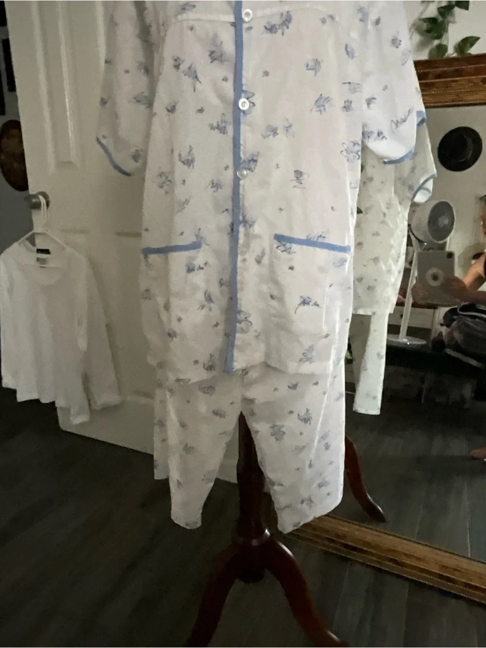 Children's White Pajama Set with Blue Trim and All-Over Print